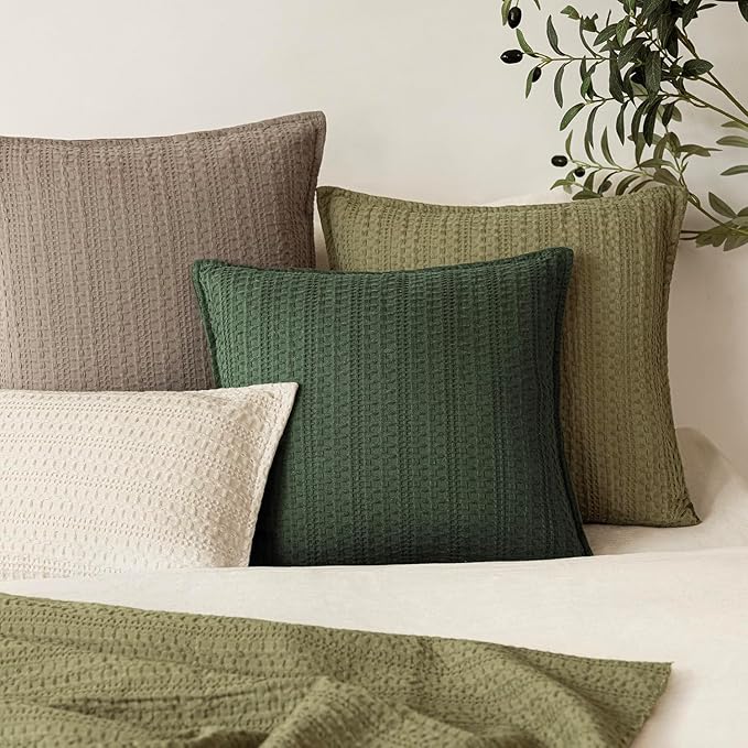 Foindtower Set of 2 Decorative Cotton Waffle Weave Throw Pillow Covers Euro Shams Cushion Covers Accent European Pillowcase for Bed Couch Sofa Bedroom Living Room Home Decor 22×22 Inch Dark Green