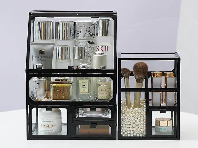 MOOCHI Black 3 Pieces Makeup Organizers for Vantity, glass, Skin Care Organizer, Drawers,Brush Organizer,Countertop Cosmetics Storage Display Case