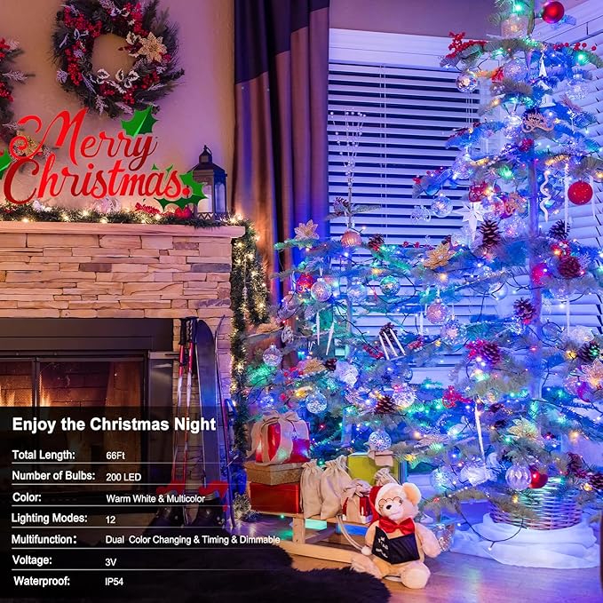 65.6Ft 200LED Battery Operated Christmas String Lights, 12 Lighting Modes Warm White & Multicolor Fairy Lights with Remode Timer, Green Wire Twinkle Light for Wreath Indoor Outdoor Party Wedding