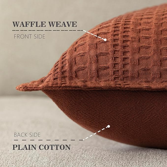 Foindtower Set of 2 Decorative Cotton Waffle Weave Throw Pillow Cover Euro Shams Cushion Covers Accent European Pillowcase For Bed Couch Sofa Bedroom Living Room Home Decor 20×20 Inch Fall Rust Orange
