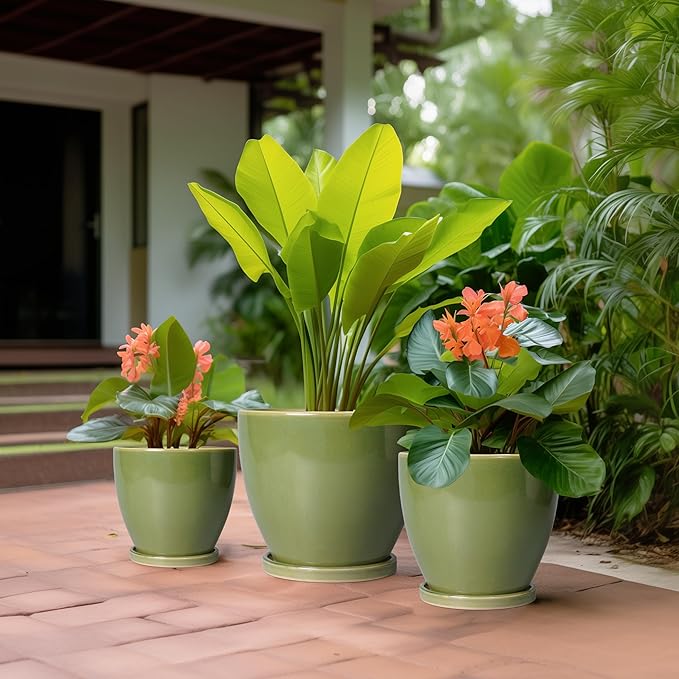 Ceramic Flower Pots - Modren Round 10 Inch 8 Inch 6 Inch Planters with Drainage Holes and Saucers, Plant Pots for Indoor Outdoor, Garden Decor, Housewarming Gifts, Set of 3, Green