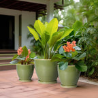 Ceramic Flower Pots - Modren Round 10 Inch 8 Inch 6 Inch Planters with Drainage Holes and Saucers, Plant Pots for Indoor Outdoor, Garden Decor, Housewarming Gifts, Set of 3, Green