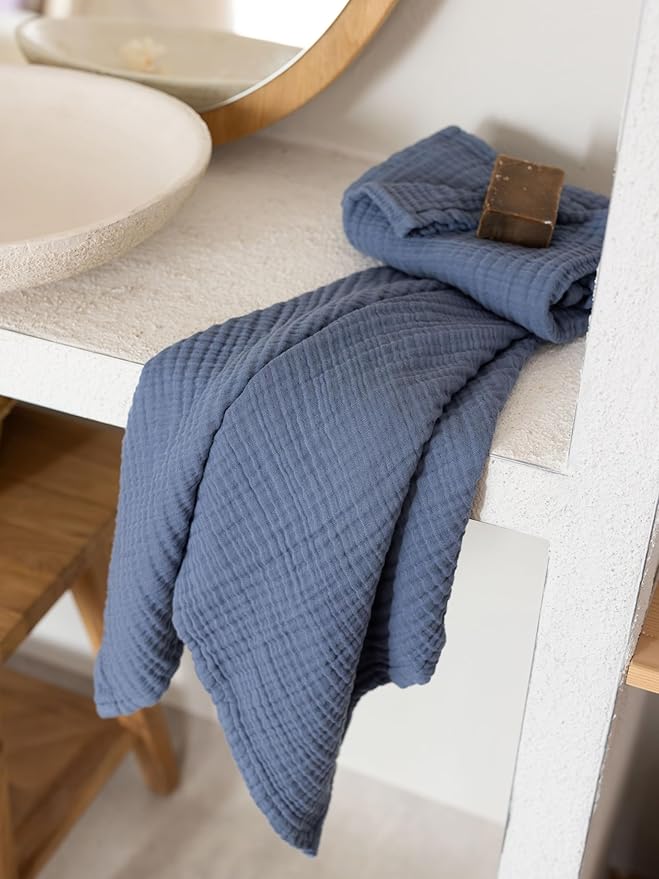 Muslin Hand Towels Pack of 4, Luxury 100% Turkish Cotton Thin Soft Quick-Dry Lint-Free Large Size Bath Hand Bathroom Towel Sets (Indigo Blue, Pack of 4 Hand Towels)