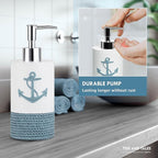 TideAndTales Luxury Nautical Bathroom Accessories Set (4 Piece) Rope and Anchor Beach Bathroom Decor with Ocean and Sea Theme Design, Countertop Coastal Soap Dispenser Set