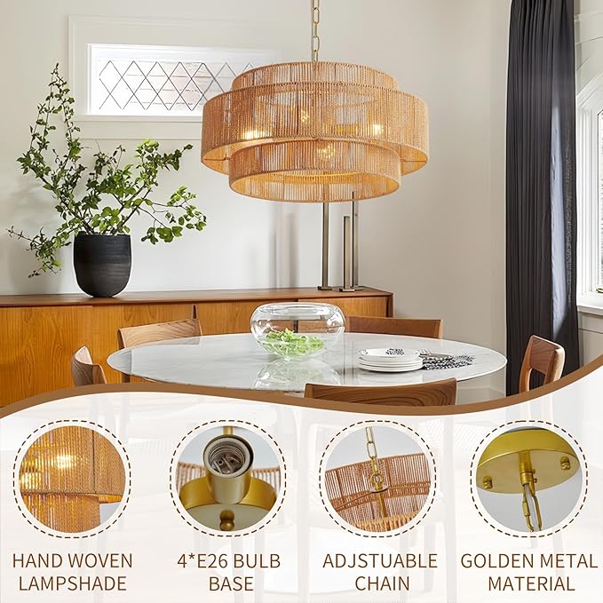 Large Woven Rattan Chandeliers for Kitchen Island, 22.8in Coastal Boho Pendant Lights for Dining Room, Living Room