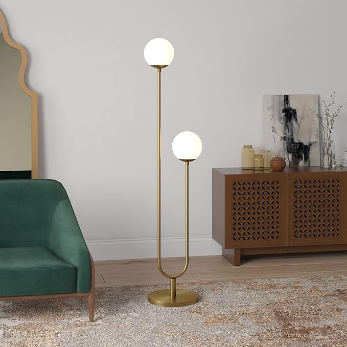 Henn&Hart 68.5'' Mid-Century Modern 2-Light Floor Lamp with White Milk Glass Globe Shade for Living Room, Bedroom, or Office, Brass