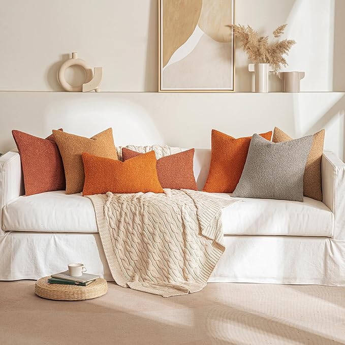 MIULEE 18x18 Inch Decorative Pillow Covers for Couch Bed Set of 2 Textured Boucle Neutral Winter Throw Pillows Orange Accent Solid Cushion Pillowcases Sofa Livingroom Home Decor