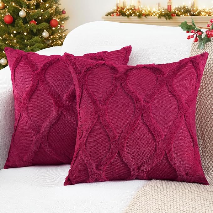 decorUhome Christmas Throw Pillow Covers 16x16 Inch Set of 2, Soft Plush Faux Fur Wool Burgundy Couch Pillow Covers, Decorative Neutral Pillow Cases for Bed Sofa Living Room Home Decor