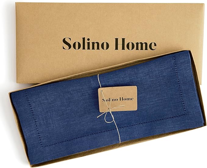Solino Home Linen Table Runner 90 Inches Long - Milan Hemstitch 100% Pure Linen Chambray Navy Dining Table Runner 14 x 90 Inch for Fall, Autumn, Thanksgiving, Christmas, Holiday