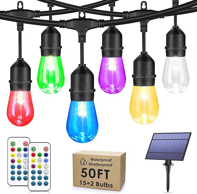 50FT RGB Solar Outdoor String Lights with Remote, Dimmable Waterproof Patio Lights with 15 LED Shatterproof Edison Bulbs for Backyard-Black