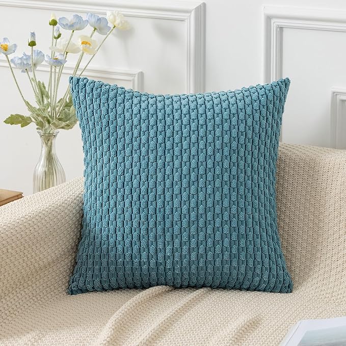 Kevin Textile Throw Pillow Covers Soft Corduroy Decorative Set of 2 Boho Striped Pillow Covers Pillowcases Farmhouse Home Decor for Couch Bed Sofa Living Room 24x24 Inch Light Blue