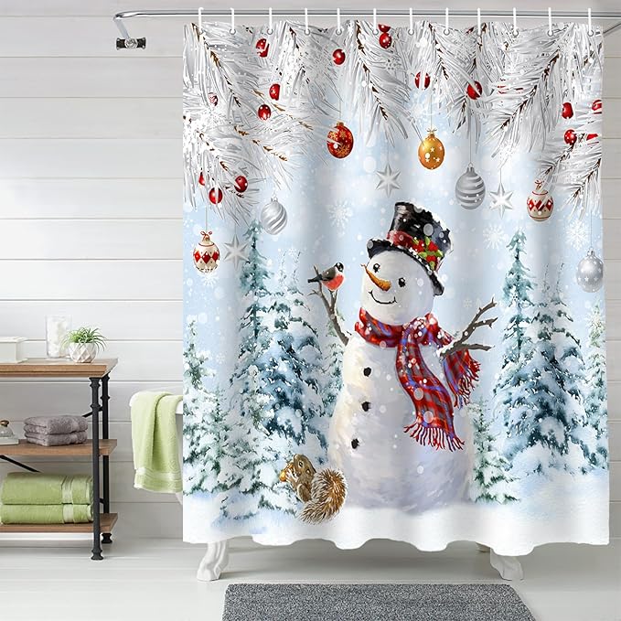 Snowman Shower Curtain, Blue Merry Christmas Tree Red Balls Squirrel Shower Curtains Set with Hooks, Winter Waterproof Fabric Bathroom Curtains Decor Home Accessories, Stall Long 36 X 78 Inch