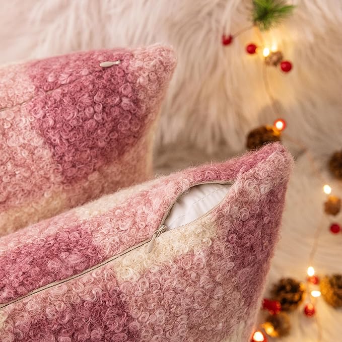 AQOTHES Purple White Plaid Winter Throw Pillow Covers 18x18 Inch Set of 2, Boucle Faux Fur Pillow Covers,Cozy Fluffy Home Living Room Farmhouse Decor for Sofa Couch Bed