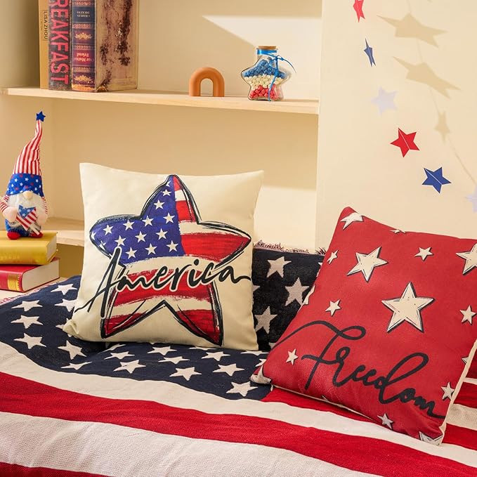 Patriotic Decor-Throw Pillow Covers 18x18 in Set of 4,4th of July Linen Pillow Case for Independence Day,Memorial Day,Veteran's Day,USA,American Summer Outdoor Red White Blue Decorations
