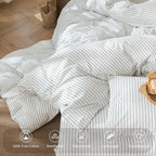MooMee Striped Duvet Cover Set 100% Washed Cotton Linen Like Textured Breathable Durable Soft Comfy (White Heathered Green Wide Stripes, Queen 90"x90")