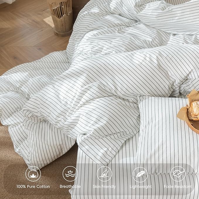 MooMee Striped Duvet Cover Set 100% Washed Cotton Linen Like Textured Breathable Durable Soft Comfy (White Heathered Green Wide Stripes, Super King 108"x98")
