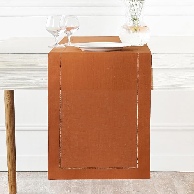 D'Moksha Homes Linen Rust Table Runner 72 Inches Long - 100% Pure Linen Hemstitch Table Runner 14 x 72 Inch for Dresser, Dining and Fall, Halloween - Classic Hemstitch