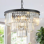 Black Crystal Chandeliers, 20” Modern Chandeliers for Dining Room 3 Tiers 7 Lights Luxury K9 Crystal Ceiling Pendant Round Light Fixture for Foyer Kitchen Bedroom Closet