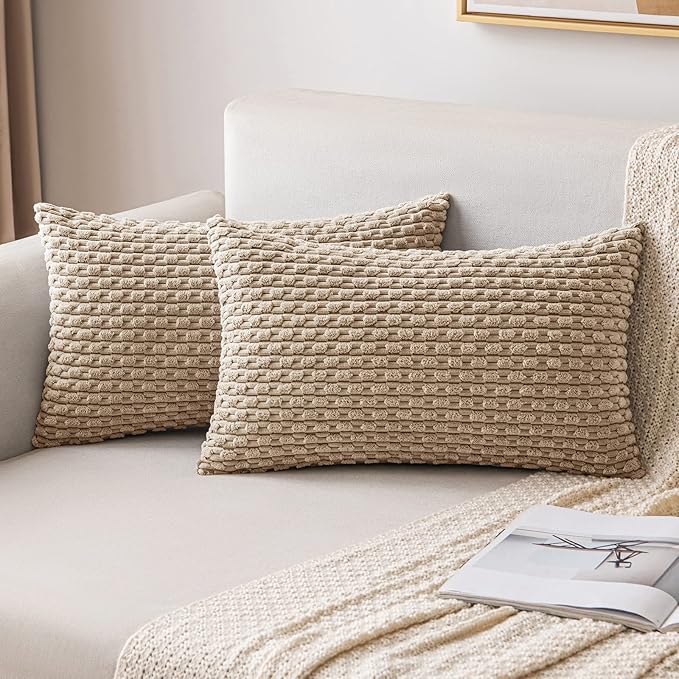 MIULEE Pack of 2 Decorative Lumbar Throw Pillow Covers 12x20 Inch Soft Boho Striped Textured Corduroy Pillow Covers Modern Farmhouse Home Decor for Couch Bed Sofa Living Room Neutral Tan