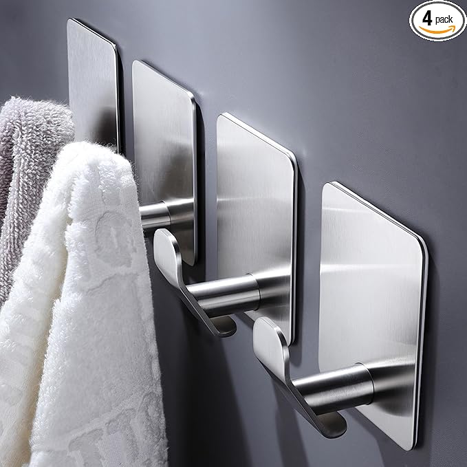 DELITON Adhesive Hooks - 4 Pack Towel Hooks Brushed Stainless Steel, Wall Hooks for Hanging Towels, Clothes, Keys, Stick to Bathroom, Kitchen or Bedroom