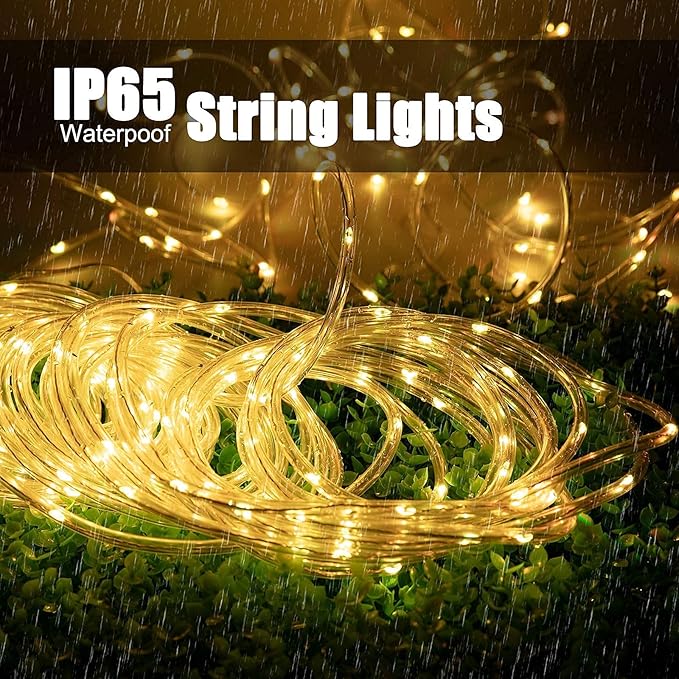 Solar Rope String Lights Outdoor 2 Pack 39 Feet 100 Led Waterproof Solar Powered Fairy Lights with 8 Lighting Modes, Copper Wire PVC Tube Lights for Garden Wedding Party DIY Decor (Warm White)