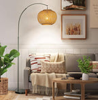 ALOADECOR 77" 1-Light Matte Black Arc Floor Lamp with Hand-Woven Bamboo Shade and Marble Base Farmhouse Rattan Floor Lamp for Living Room Dining Room Bedroom