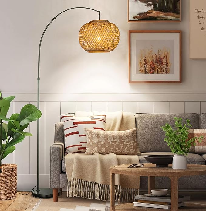 ALOADECOR 77" 1-Light Matte Black Arc Floor Lamp with Hand-Woven Bamboo Shade and Marble Base Farmhouse Rattan Floor Lamp for Living Room Dining Room Bedroom