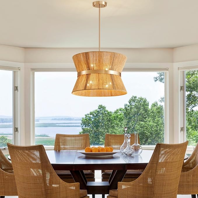 Shrine Lighting French Gold Boho Chandelier, Modern Design, Boho Drum Pendant Light for Dining Room, D18'' x H12'', Adjustable 47'', E12*8 Sockets, Jute Rope Lampshade&French Gold Finish Frame