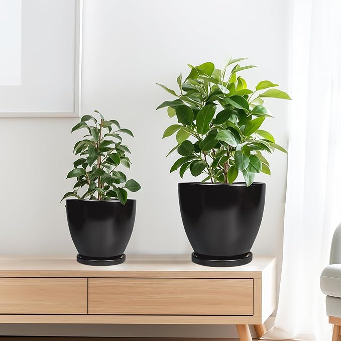 Ceramic Plant Pots - 10+8+6 Inch Modern Round Planters for Indoor Outdoor with Drainage Holes and Plant Saucers, Room Patio House Office Decor, Gardening Gifts for Women Men, Set of 3, Black