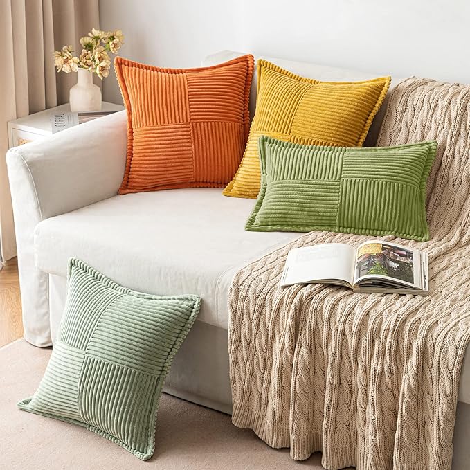 MIULEE Decorative Throw Pillow Covers for Couch Bed Livingroom 20x20 Inch Set of 2 Green Boho Accent Throw Pllows Broadside Striped Patchwork Soft Corduroy Summer Pillowcases