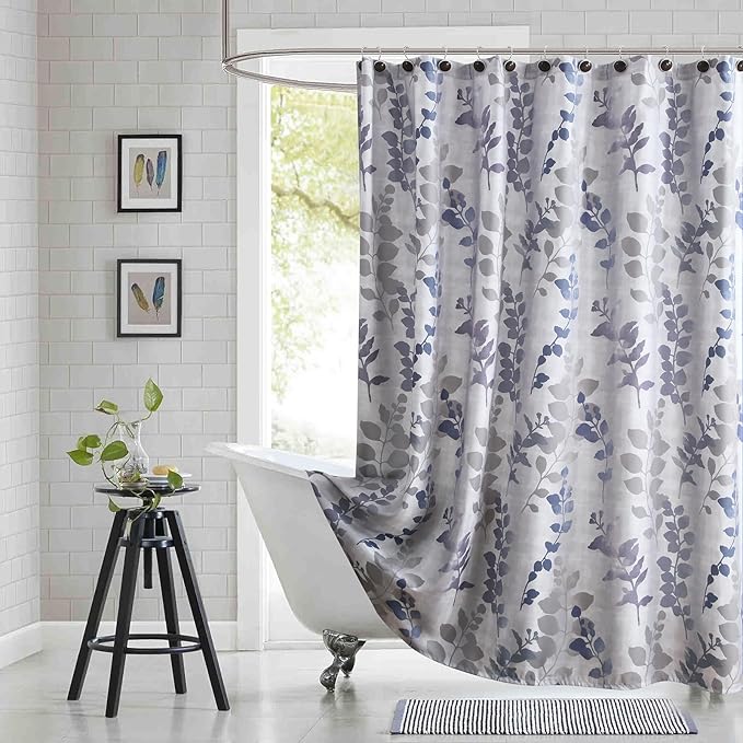 90 Inch Fabric Shower Curtain, Extra Long Gray and Blue Botanical Branch Leaf Print Shower Curtains for Bathroom, 72" W x 90" H