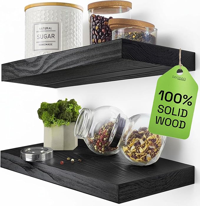 BAOBAB WORKSHOP Solid Wood Floating Shelves for Wall 12 Inch Wide, Small Wooden Shelves for Room Wall Black, 12 in Bathroom Shelves Kitchen Bedroom Rustic Farmhouse, Black Shelf, 12W x 6.7D, Set of 2
