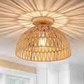 Boho Rattan Ceiling Light Fixtures Boho Lamp Shade Flush Mount Ceiling Light Hand-Woven Small Chandelier Wooden Base Chandelier Light for Hallway Bedroom Kitchen Nursery