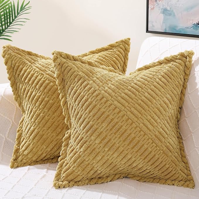 decorUhome Decorative Mustard Yellow Fall Throw Pillow Covers 16x16 Set of 2 with Splicing, Boho Soft Neutral Corduroy Broadside Twill Pillow Covers for Couch Bed Sofa Living Room