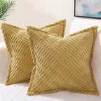 decorUhome Decorative Mustard Yellow Fall Throw Pillow Covers 16x16 Set of 2 with Splicing, Boho Soft Neutral Corduroy Broadside Twill Pillow Covers for Couch Bed Sofa Living Room