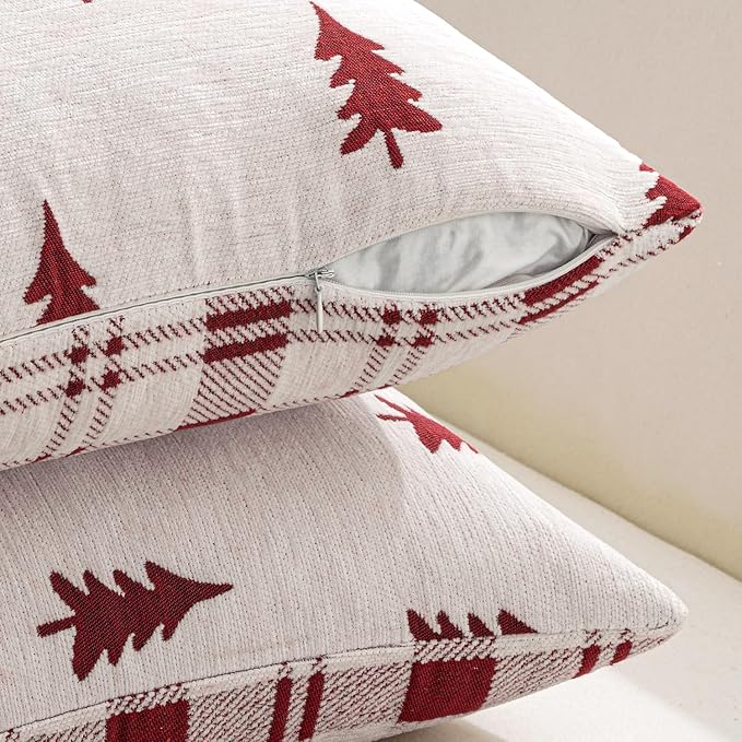 MIULEE Christmas Decorative Chenille Throw Pillow Covers, 18x18 Inch,White Red Tree, Set of 2 Cute Trees with Plaid Patterns Pillows for Sofa Couch Bedroom Chair Xmas Home Decor