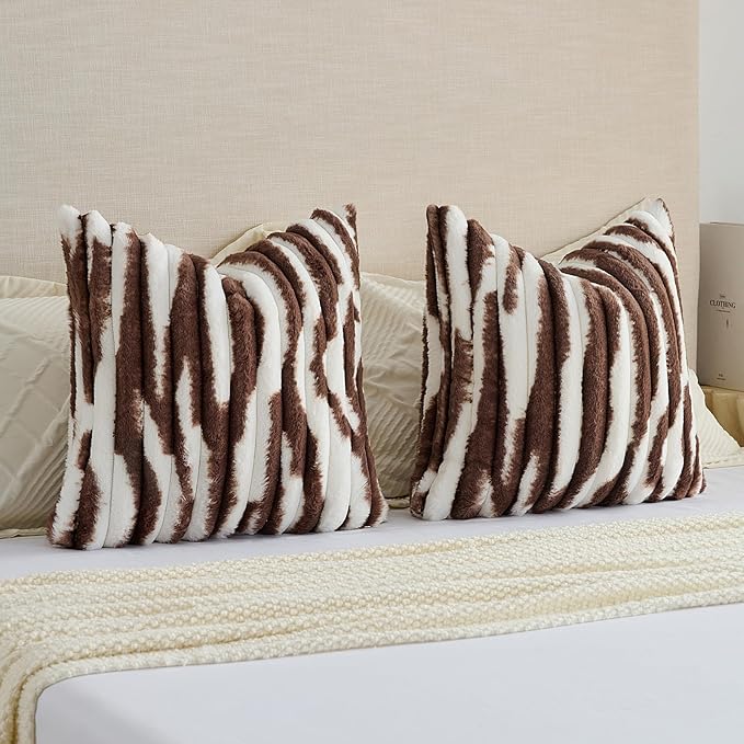FUTEI Dark Coffee Decorative Throw Pillow Covers 12x20 Inch Set of 2, Soft Tie-Dye Faux Rabbit Fur Striped Texture Pillow Case, Modern Home Decor for Couch Bed Living Room