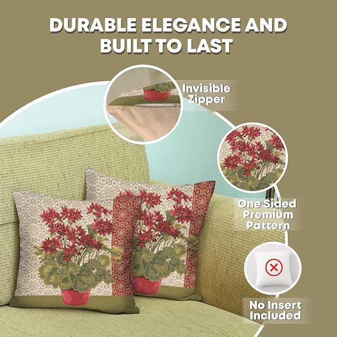 Charlotte Home Furnishings Floral Decorative Throw Pillow Cover 19x19 in, Geranium Red French Country Couch Pillow Case, Home Decor Cozy Tapestry Cushion Cover, European Cotton Jacquard Woven
