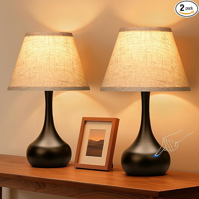 Touch Table Lamp for Bedroom Set of 2, 3-Way Dimmable Bedside Lamp for Nightstand, 17” Farmhouse Metal Desk Lamp with Linen Shade for Living Room, Kids Reading, Dorm, Home Office Decor, Bulb Included