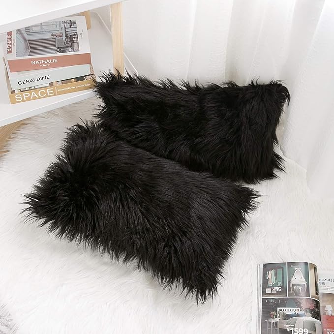 WLNUI Set of 2 Black Halloween Decorative Pillow Covers New Luxury Series Merino Style Faux Fur Fluffy Throw Pillow Covers Lumbar Fuzzy Cushion Case for Sofa Bedroom Living Room Home Decor 12x20 Inch