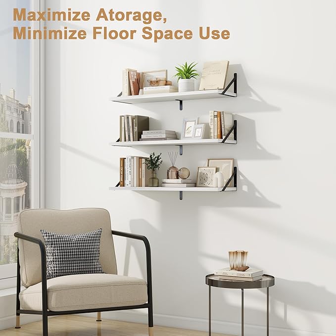 Fun Memories Floating Shelves, 32 x 8 Inches, Set of 3 Wall-Mounted Bookshelves with Metal Brackets, Decorative Storage for Home and Office (White)