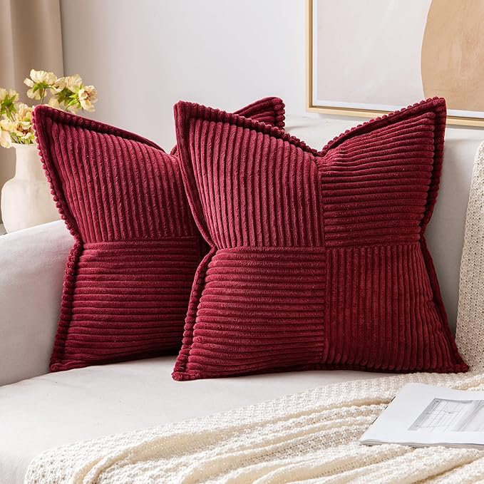 MIULEE Christmas Decorative Throw Pillow Covers for Couch Bed Livingroom 12x12 Inch Set of 2 Burgundy Boho Accent Throw Pllows Broadside Striped Patchwork Soft Corduroy Pillowcases