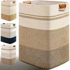 Laundry Hamper, 95L Tall Laundry Basket with Leather Handles, Rectangle Large Clothes Hamper for Organizing, Cotton Woven Laundry Baskets Storage Hampers for Bedroom, Nursery, Living Room