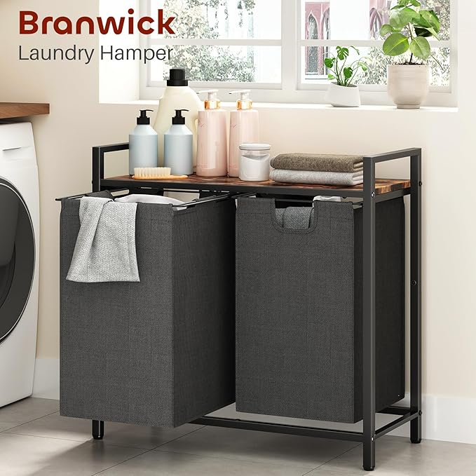 Laundry Basket Organizer, Laundry Hamper with Shelf & 2 Pull-Out Removable Bags, Dirty Clothes Hamper Organizer for Laundry Room Bathroom and Dorm, 2 x 11.8 gallons (44.5L)