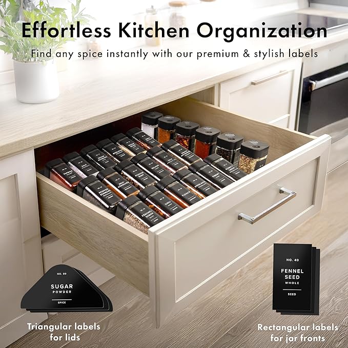 Square Spice Jars with Adjustable Rotating Lids (24 Pack) – 4oz Glass Spice Jars with 240 Labels, Funnel & Brush, Airtight Spice Containers for Kitchen Organization