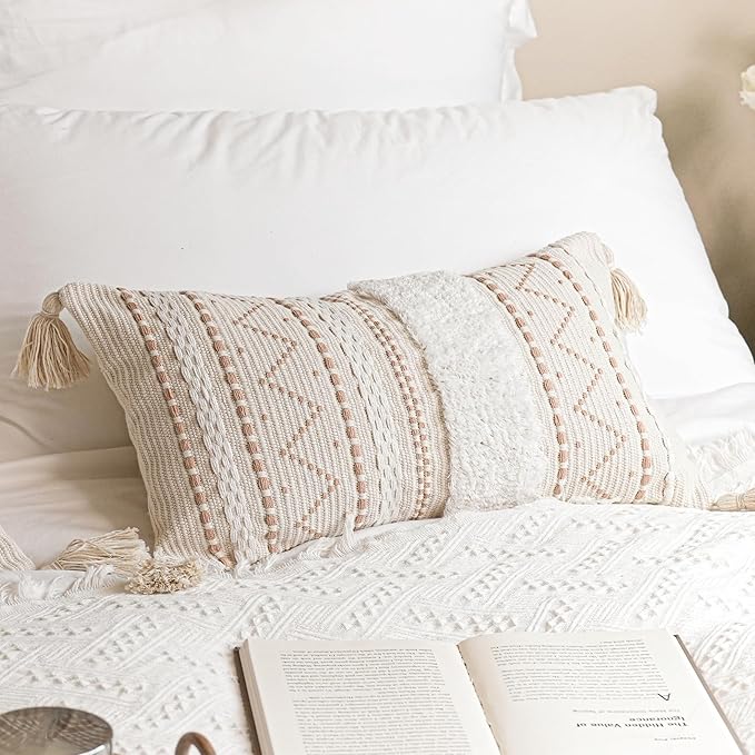 BlissBlush Decorative Lumbar Throw Pillow Cover 12x20 Cream Neutral White Rectangular Boho Accent Pillowcase Farmhouse Cushion for Couch Sofa Bedroom Living Home Décor (Cover ONLY, Pack of 1)