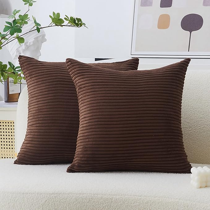 Home Brilliant Brown Couch Pillow Covers Set of 2 Soft Striped Velvet Decorative Throw Pillows Covers 22x22 inch, Cushion Covers for Couch 55x55cm, 22 x 22 Inch, Brown
