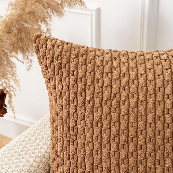 Kevin Textile Throw Pillow Covers Soft Corduroy Decorative Set of 2 Boho Striped Pillow Covers Pillowcases Farmhouse Home Decor for Couch Bed Sofa Living Room 22x22 Inch Khaki