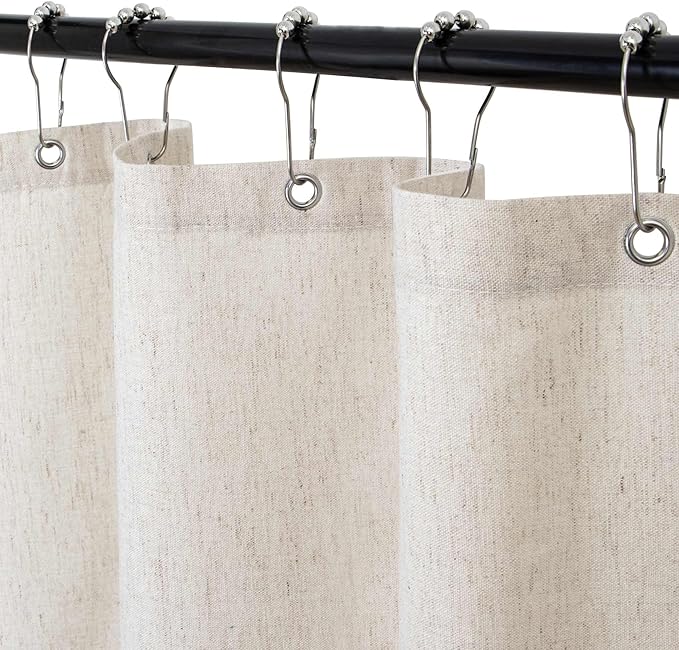 WELTRXE Linen Shower Curtain, Fabric Shower Curtain Set, Rustic Bathroom Decor, Heavy Duty Fabric Water Repellent with 12 Rust-Proof Metal Hooks, for Bathroom Hotel Bathtub, Beige, 72x72 Inch