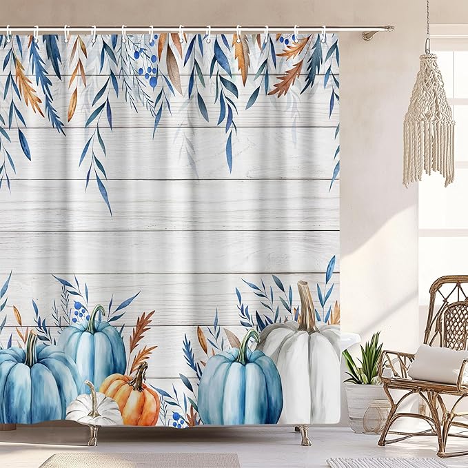 Boho Fall Shower Curtain, Blue Pumpkin Thanksgiving Harvest Shower Curtain for Bathroom, Rustic Autumn Pumpkin Leaves Wood Board Bath Curtains with 12PCS Hooks 72 X 72 in, Blue Orange